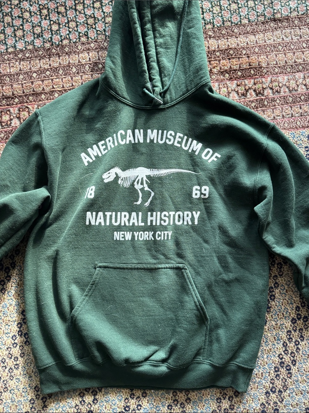 Gildan Dark Green American Museum of Natural History Hoodie with White Print